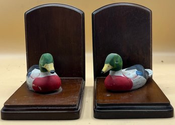 Vintage Wood And Ceramic Mallard Duck Bookends  2 Piece Lot