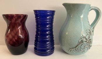 Assorted Colored Glass Vases & Pitcher - 3 Pieces
