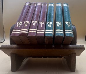 Vintage Wood Barware Coaster Set Of Encyclopedias 7 With Rack