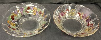 Vintage Indiana Glass Clear Bowl With Colored Luster Fruit Garland, 2 Piece Lot