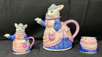 Victorian Bunny Teapot, Creamer And Sugar Bowl