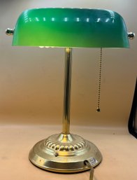Vintage Banker Desk Lamp Green Glass Shade Pull Chain Brass Base