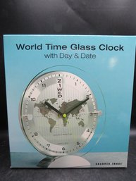 NEW Vtg Sharper Image World Time Glass Clock MODERN Battery Day Date Desk Mantle