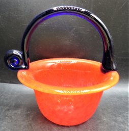 Handblown  Art Glass Orange & Blue Handled Basket/bowl