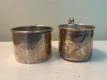 Sterling Silver Etched K & M.M.F. Drinking Cups, 4.69 OZT Total, 2 Pieces