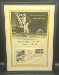 1969 Mans First Landing On The Moon First Day Issue Stamp & Envelope On Poster Framed