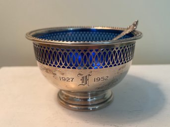 Wallace Sterling Silver Basket & Spoon With Cobalt Blue Glass Insert, 3.08 OZT Total - 2 Pieces