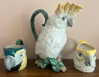 Fitz And Floyd Cockatoo Pitcher With Mug & Macaw Mug