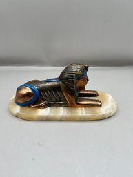 Metal Egyptian Sphinx Statue With Marble Base