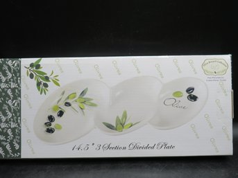 Lorren Home Trends 3-Sectioned Divided Plate Olive Branch Collection Fine Porcelain  - In Original Box  14.5'