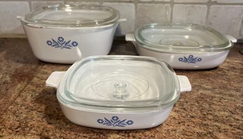 Blue Cornflower Corning Ware Casserole Dishes With Lids- 3 Pieces