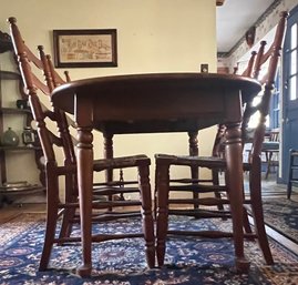 Pine Wood Oval Table Round Turned Legs With 4 Ladderback Pine Chairs With Rush Seats