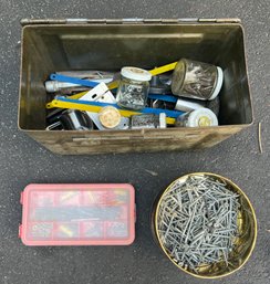 Assorted Lot Of Nails & Screws In Military Ammo Box