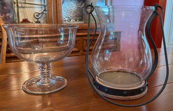 Pottery Barn Pedestal Fruit Bowl & Hurricane Glass Lantern - 2 Pieces