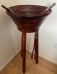 Mid Century Teak Free Standing Salad Bowl With Utensils