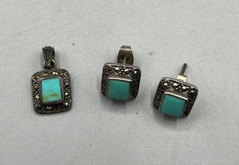 Sterling Silver Marcasite Faux Turquoise Stone Pendant & Earrings - 3 Pieces