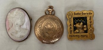 Cameo Brooch, Disney Pin, & Pocket Watch Lot- 3 Pieces