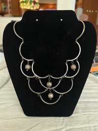 Silver Bib Choker With Cascading Pearls Costume Necklace