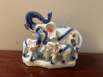 Porcelain 'mother And Children Elephant' Hand Painted Figurine