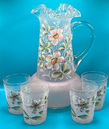 Vintage Victorian Hand Painted Floral Pitcher With Glasses - 5 Pieces