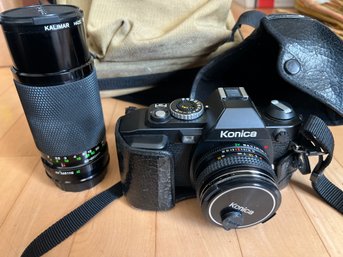 Konica FS-1 Film Camera With Case And Telescopic Lens And Travel Bag