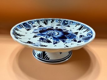 Delft Blue Hand Painted Pedestal Dish, Made In Holland