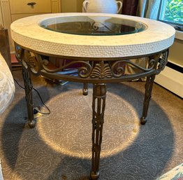 Stone And Glass Top End Table With Brass Bottom