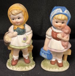 Porcelain Girl With Puppy And Porcelain Girl With Basket, 2 Piece Lot