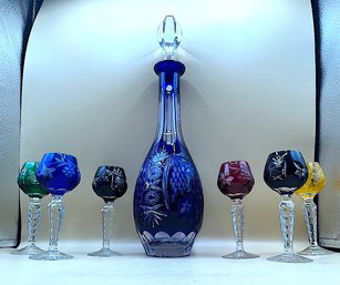 BOHEMIAN CRYSTAL COLORED DECANTER & GLASSES 7pc LOT