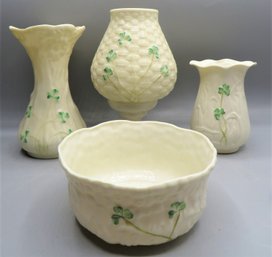Belleek Ireland Porcelain Shamrock/Clover Floral Vases & Bowl - Lot Of 4