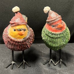 Pair Of Resin Birds With Hats And Sweaters
