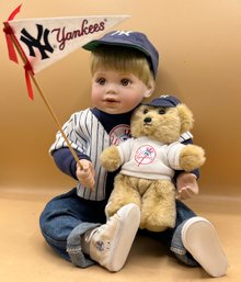 DANBURY MINT YANKEES LITTLEST FAN PORCELAIN DOLL, BANNER & BEAR