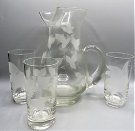 Frosted Leaf Glass Pitcher With 3 Glasses - Set Of 4, Vintage