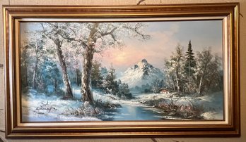 L Harding Artist Signed Snowy River By Mountain Oil On Canvas Framed