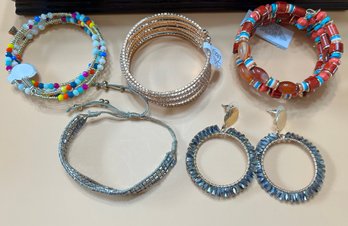 Assorted Bangle Bracelets, Cufflinks And Earrings In Mahogany Jewelry Box