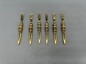 Vintage MCM Mini Olive Forks Brass Appetizer Hors Devours, Set Of 6