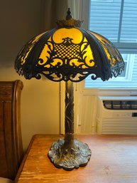 Slag Glass Lamp With Lily Pad Stem