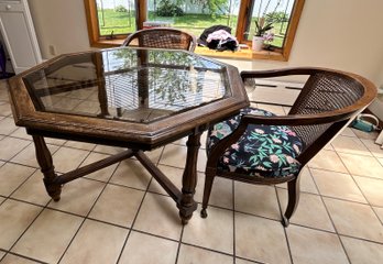 Glass Top Octagon Table With 4 Cane Back Chairs On Castors - 5 Piece Lot