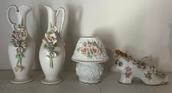 Lenwile Ardalt Floral Bud Vases, Tea Light Candle Holder Lantern & Porcelain Shoe Figurine - 5 Pieces