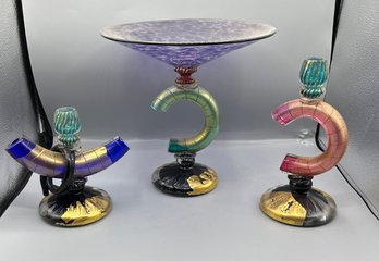 Hand Blown Art Glass 3 Piece Set, 2 Candlestick Holders 1 Pedestal Trinket Dish