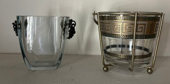Dansk Swedish Ie Bucket & Mid-century Greek Key Design Glass Bucket With Metal Holder - 3 Pieces