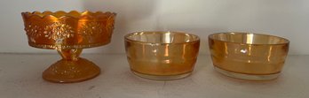 Carnival Glass Marigold Pedestal Glass Dish & Iridescent Orange Dishes - 3 Pieces
