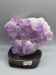 Amethyst Cluster On Wood Base, Made In Brazil