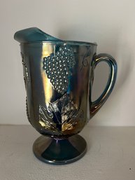 Carnival Glass Indiana Blue Iridescent Harvest Grape Footed Pitcher