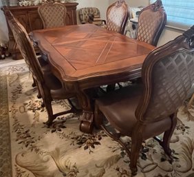 Solid Wood Carved Dinging Table With 6 Leather Seat Chairs