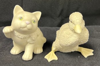Dept 56 Easter 1999 Bisque Cat With Snow Bow And 1995 Duckling, 2 Piece Lot