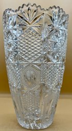 Clear Sawtooth Scalloped Rim Cut Crystal Vase In Pineapple & Star Pattern