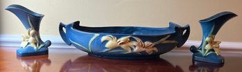Roseville Blue Zephyr Lily Oval Bowl And Matching Vases - 3 Pieces