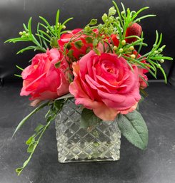 Faux Flowers In Square Glass Vase