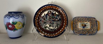 Portugal Floral Painted Vase, Jerusalem Hand Painted Plate & Woven Floral Painted Spain Dish - 3 Pieces